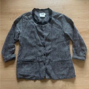 FLAX 100% Linen Button Down Blazer Shirt Top with Pockets Black White Pinstripe